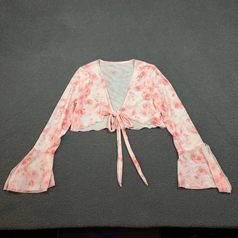 YOZY Crop Top Women XL Pink Floral Mesh Tie Front Bell Sleeve Shrug Cardigan